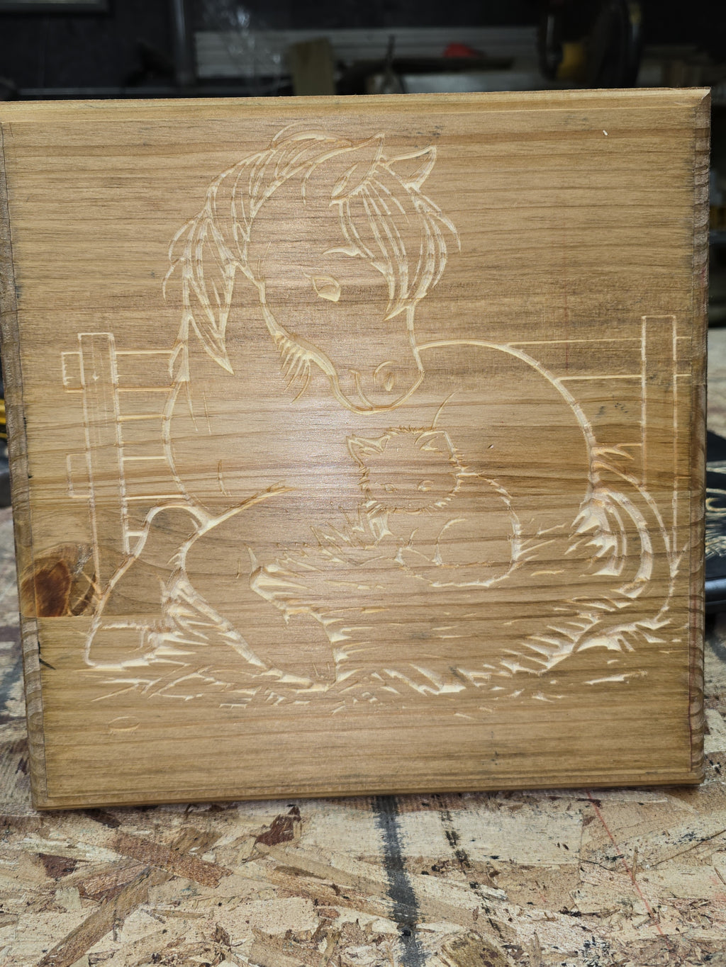 Wooden plaque of Horse and Cat