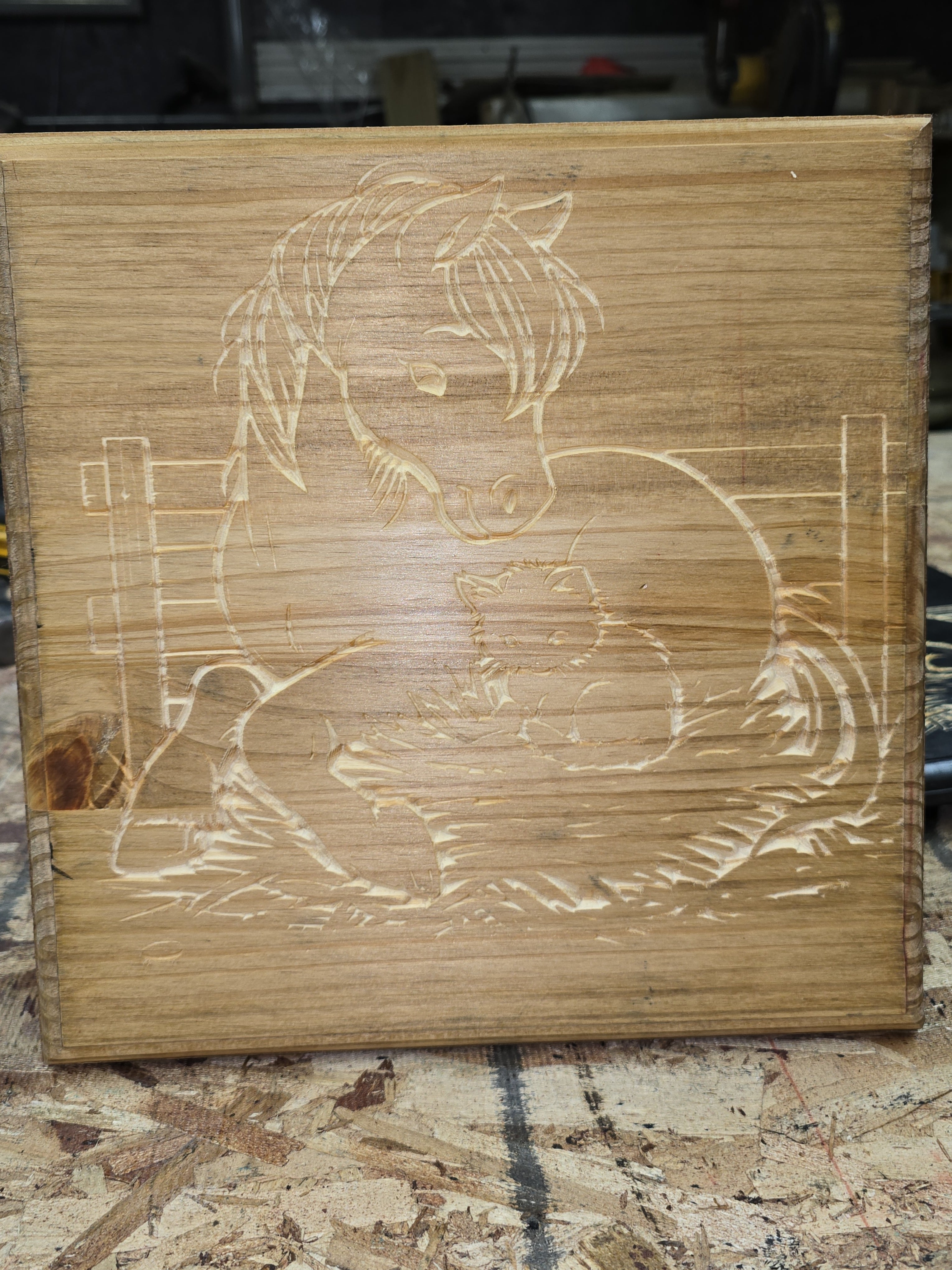 Wooden plaque of Horse and Cat