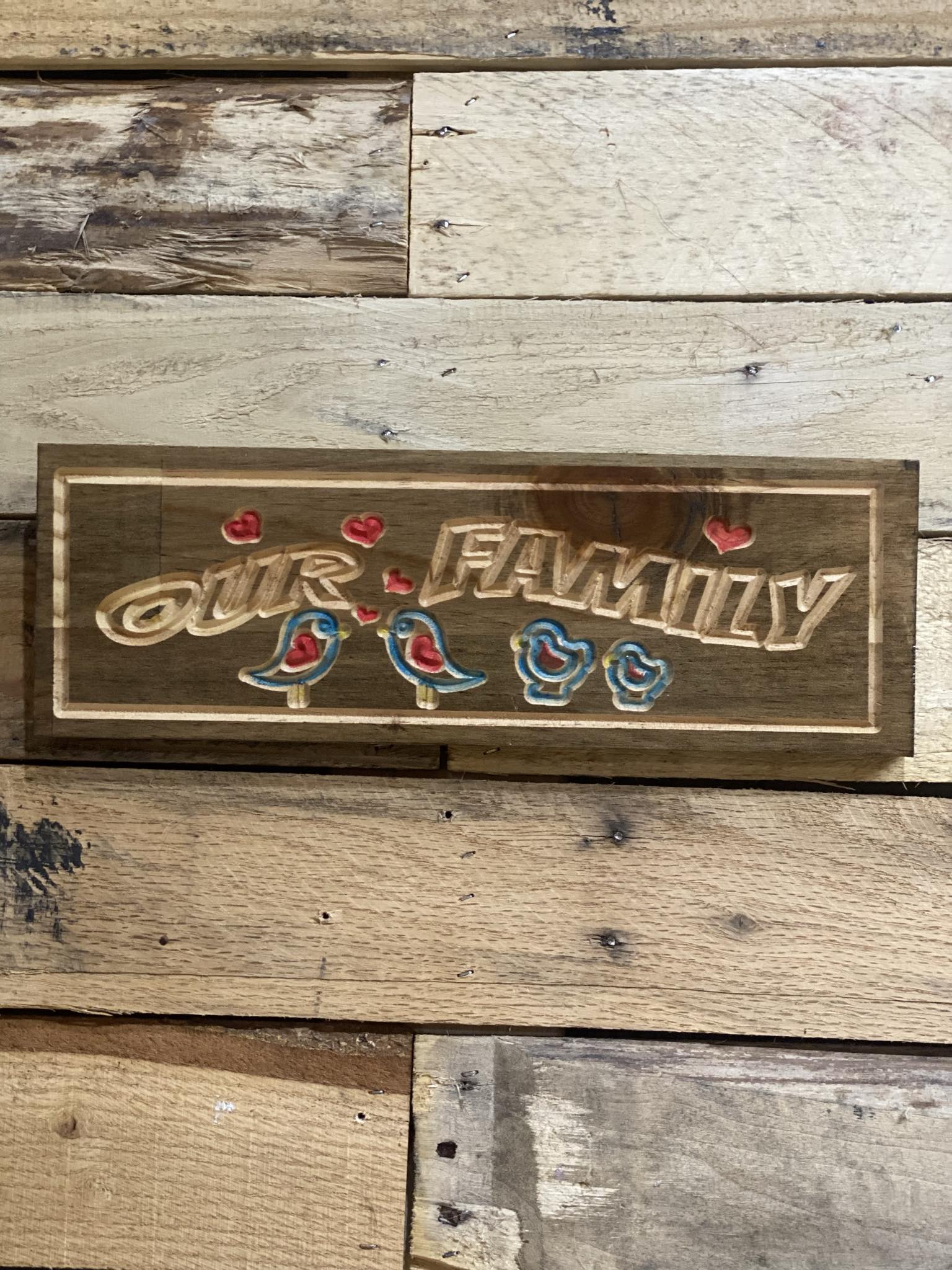 Wooden sign with 'Our Family' and bird illustrations on a rustic wooden background