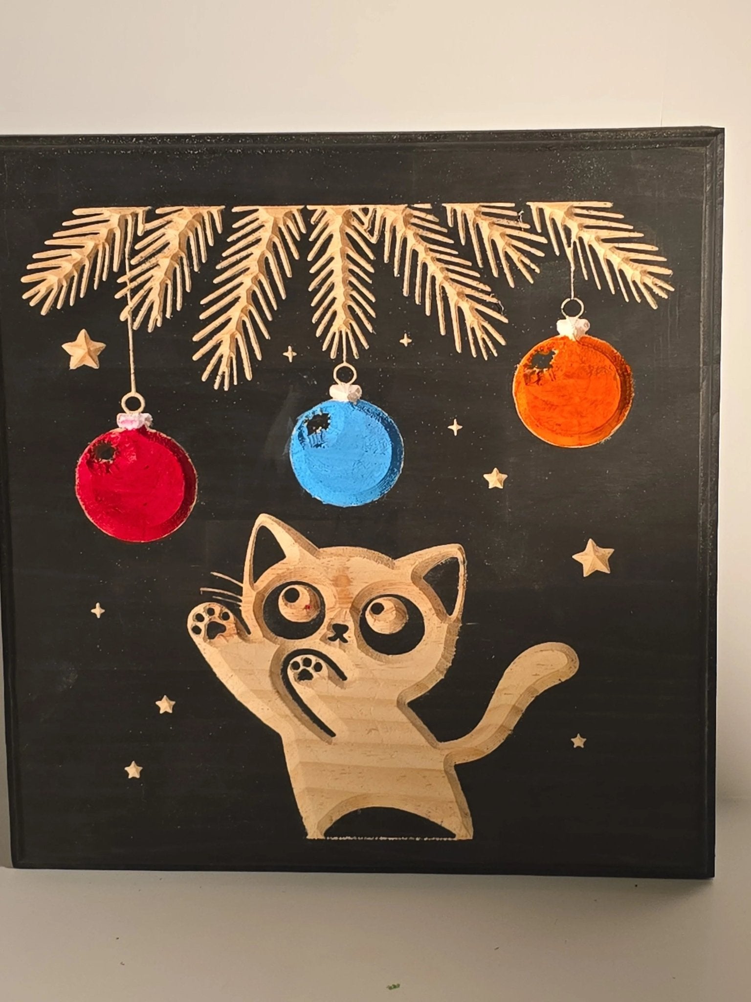 Cat And Christmas tree Plaque - 3D Printed Gifts & Custom Wood Plaques | Papajess