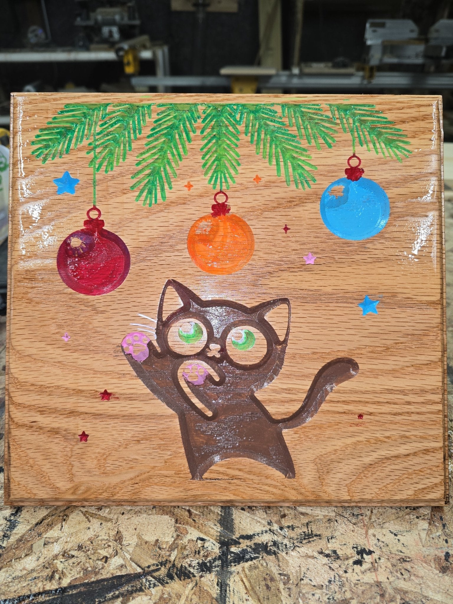 Cat Playing with Christmas Tree, Oak Plaque - 3D Printed Gifts & Custom Wood Plaques | Papajess
