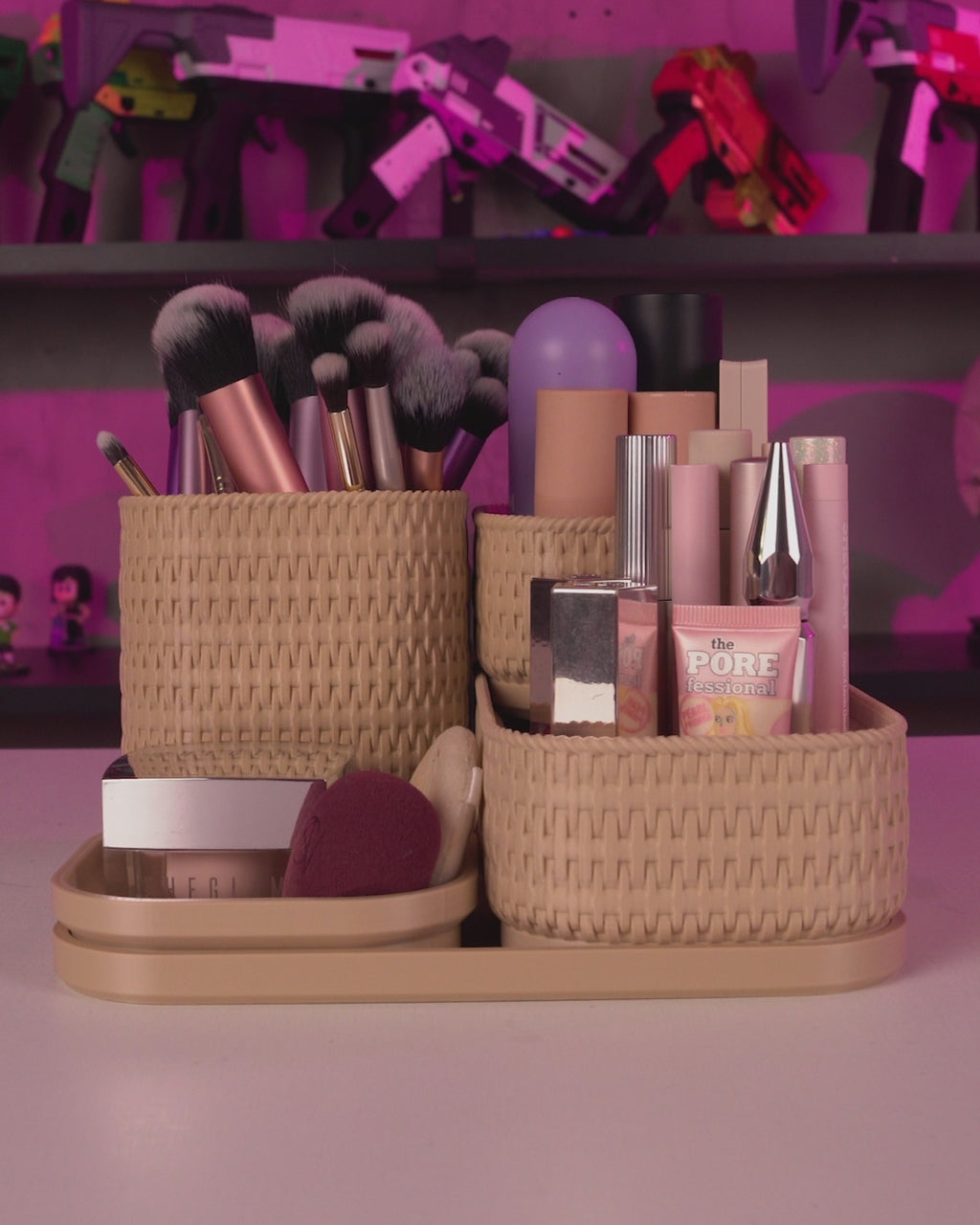 Purple and pink 6-piece jewelry vanity organizer set with hairbrush ring holder tray and storage containers
