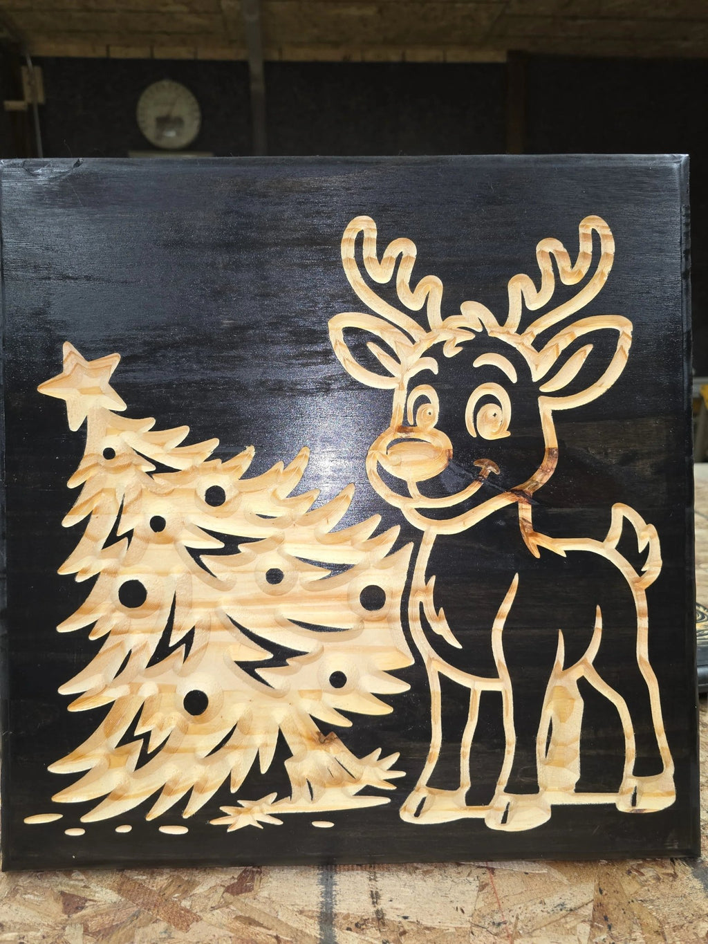 Title: Reindeer with Tree Plaque - Rustic Christmas Wooden Wall Decor - 3D Printed Gifts & Custom Wood Plaques | Papajess